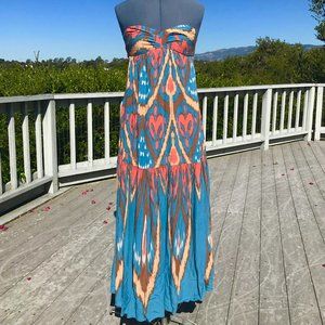 Blue Bohemian Printed Strapless Maxi Dress